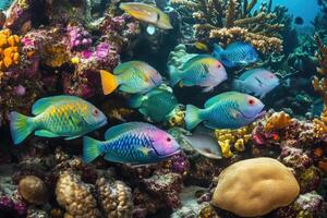 A vibrant school of parrotfish grazes on coral in a bustling, colorful reef. photo