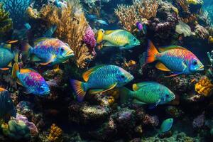 A vibrant school of parrotfish grazes on coral in a bustling, colorful reef. photo