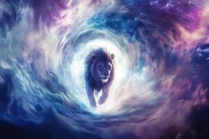 A lion stepping through a glowing portal with swirling energies. photo