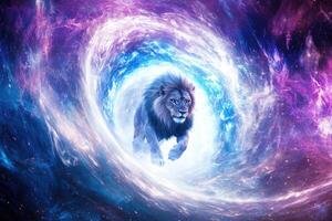 A lion stepping through a glowing portal with swirling energies. photo