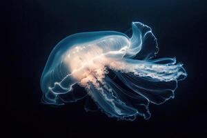 A glowing jellyfish floats in the dark ocean, its bioluminescence softly lighting the water. photo