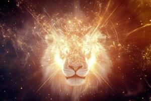 A lions head emerging from bright cosmic light. photo