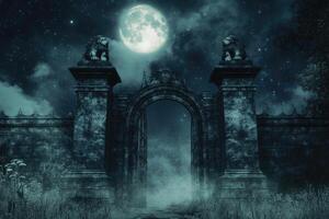 A mystical gateway with stone lions under moonlight. photo