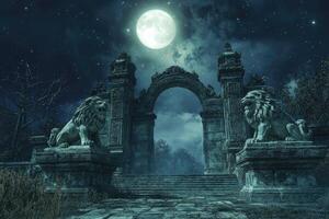 A mystical gateway with stone lions under moonlight. photo