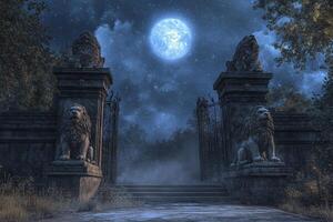 A mystical gateway with stone lions under moonlight. photo