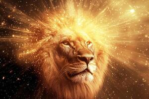 A lions head emerging from bright cosmic light. photo