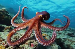 A curious octopus exploring the seafloor with its tentacles extended. photo
