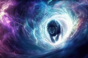 A lion stepping through a glowing portal with swirling energies. photo