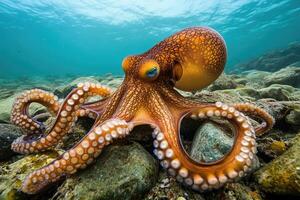 A curious octopus exploring the seafloor with its tentacles extended. photo