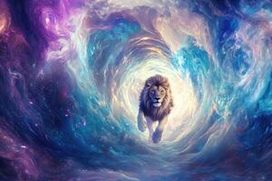 A lion stepping through a glowing portal with swirling energies. photo
