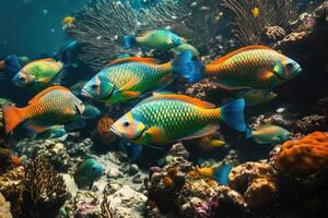 A vibrant school of parrotfish grazes on coral in a bustling, colorful reef. photo