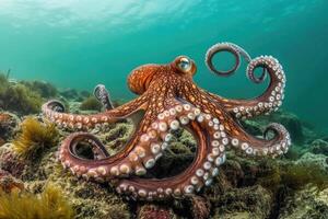 A curious octopus exploring the seafloor with its tentacles extended. photo