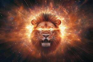 A lions head emerging from bright cosmic light. photo
