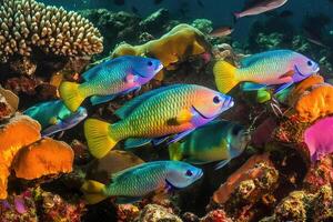 A vibrant school of parrotfish grazes on coral in a bustling, colorful reef. photo