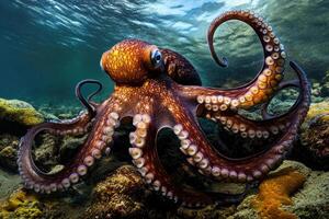 A curious octopus exploring the seafloor with its tentacles extended. photo