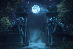 A mystical gateway with stone lions under moonlight. photo