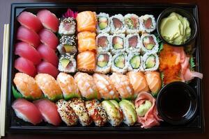 A beautifully arranged sushi platter with various types of sushi and dipping sauce. photo