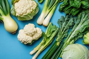 Crisp winter vegetables on a cool blue background. photo