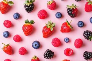 A fresh flat lay of spring berries like strawberries, blueberries, and raspberries. photo