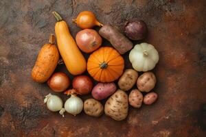 Earthy autumn vegetables on a textured brown background. photo
