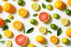 A bright flat lay of winter citrus fruits like oranges, lemons, and limes. photo