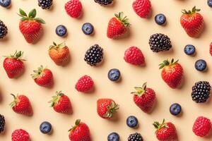 A fresh flat lay of spring berries like strawberries, blueberries, and raspberries. photo