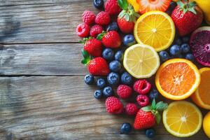 A vibrant assortment of fresh summer fruits on a wooden table. photo