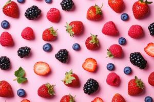 A fresh flat lay of spring berries like strawberries, blueberries, and raspberries. photo