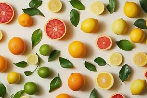 A bright flat lay of winter citrus fruits like oranges, lemons, and limes. photo