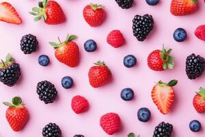 A fresh flat lay of spring berries like strawberries, blueberries, and raspberries. photo