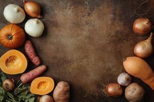 Earthy autumn vegetables on a textured brown background. photo