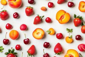 A vibrant flat lay of summer fruits like strawberries, cherries, and peaches. photo