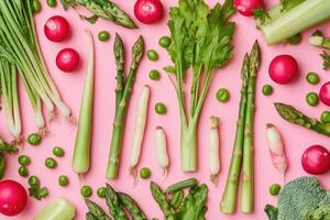 Fresh spring vegetables on a pastel-colored background. photo