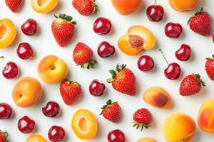 A vibrant flat lay of summer fruits like strawberries, cherries, and peaches. photo