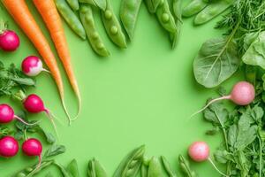 A selection of fresh spring vegetables on a bright green background. photo