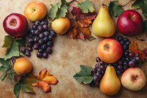A warm-toned flat lay of autumn fruits like apples, pears, and grapes. photo