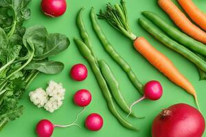 A selection of fresh spring vegetables on a bright green background. photo