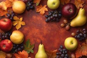 A warm-toned flat lay of autumn fruits like apples, pears, and grapes. photo