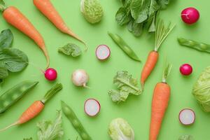 A selection of fresh spring vegetables on a bright green background. photo