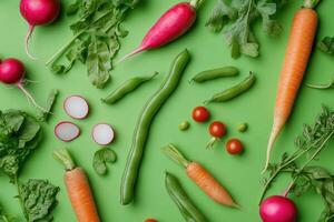 A selection of fresh spring vegetables on a bright green background. photo