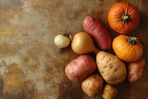 Earthy autumn vegetables on a textured brown background. photo