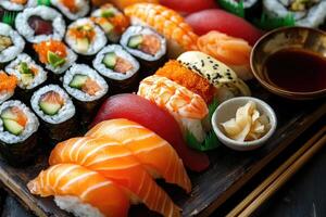 A beautifully arranged sushi platter with various types of sushi and dipping sauce. photo