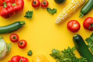 A vibrant mix of summer vegetables on a bold yellow background. photo