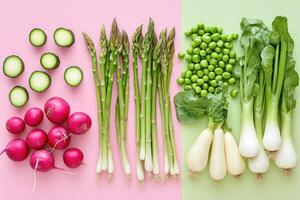 Fresh spring vegetables on a pastel-colored background. photo