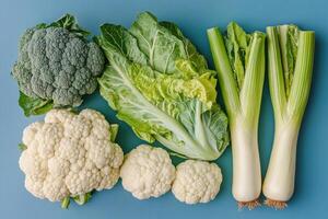 Crisp winter vegetables on a cool blue background. photo