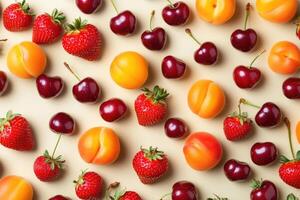 A vibrant flat lay of summer fruits like strawberries, cherries, and peaches. photo