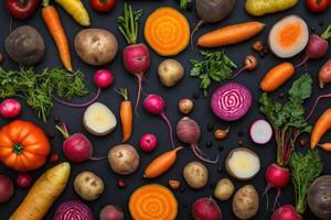Autumn bounty of root vegetables on a uniform dark background. photo