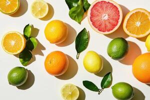 A bright flat lay of winter citrus fruits like oranges, lemons, and limes. photo