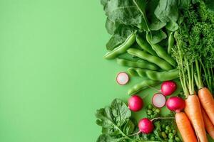 A selection of fresh spring vegetables on a bright green background. photo