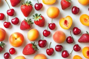 A vibrant flat lay of summer fruits like strawberries, cherries, and peaches. photo
